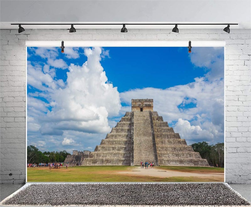 AOFOTO 7x5ft Maya Chichen Itza Pyramid Backdrop Ancient Mayan Ruins Wonder of The World Mexico Culture Historical Building Photography Background Blue Sky Clouds Travel Photo Booth Props Vinyl - Image 4